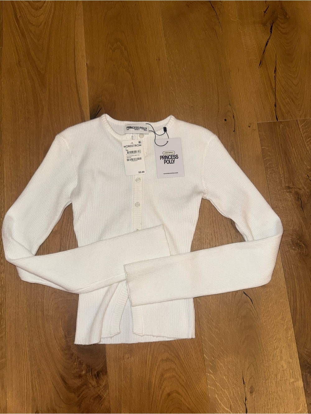 Princess Polly White Ribbed Button-Front Long Sleeve Tee